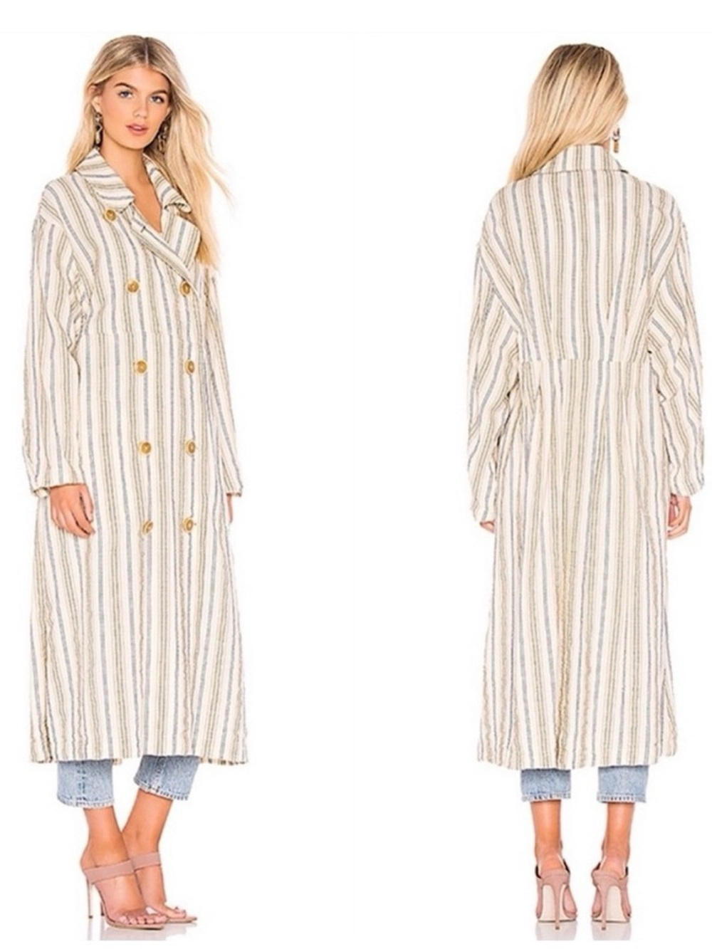 Free People Cream Striped Double-Breasted Trench Coat